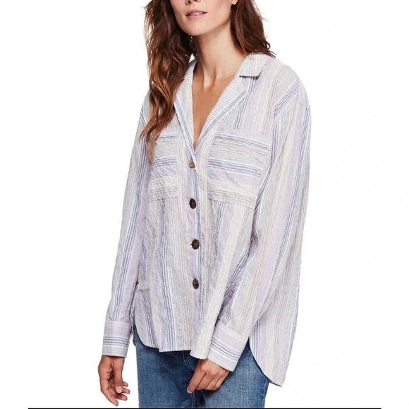 Free People High Tide Pastel Stripe Button Down Shirt Size Large - Picture 1 of 13